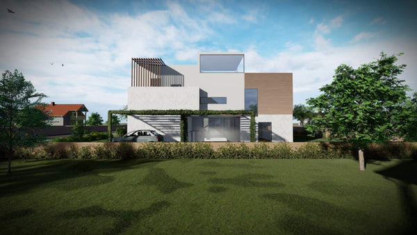 fatada principala 3D proiect casa cu 3 nivele si demisol