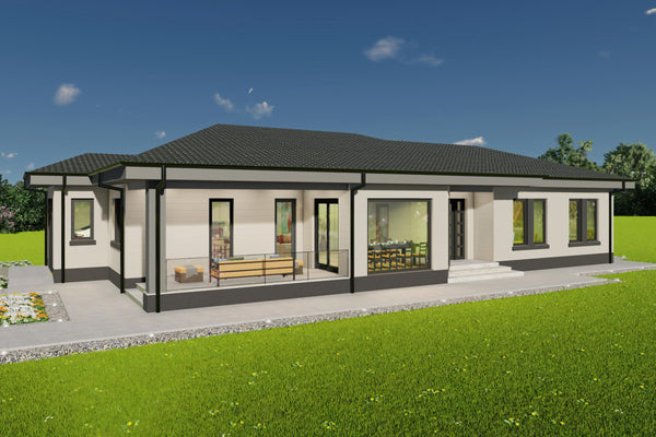 Fatada principala casa cu garaj lateral lipit constructie din zidarie model modern