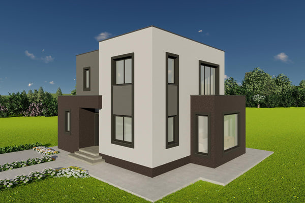 Fatada principala casa moderna cu etaj cu design minimalist si linii curate