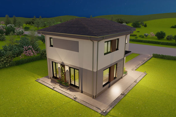 fatade posterioare luminate noaptea model locuinta 80 mp amprenta cu 2 nivele