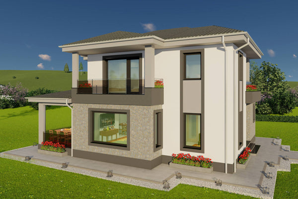 Ilustrare moderna constructie casa P+1 cu design minimalist si accente de piatra