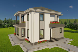 Ilustrare proiect casa moderna cu fatada luminoasa si insertii de piatra la intrare thumbnail