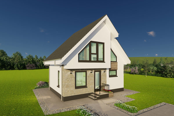 Ilustratie 3D cu peretii placati cu piatra ai unei cladiri pe structura metalica model 099-173
