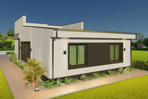 Imagine 3D casa schelet metalic cu tamplarie antracit si accente gri in zona vitrata