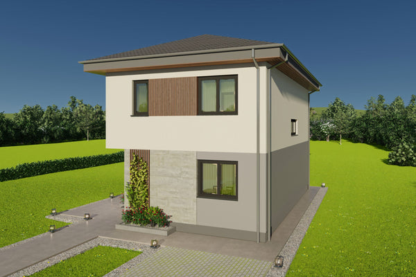 imagine 3D fatada principala model locuinta etajata pe schelet metalic