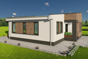 imagine 3D proiect casa pe structura metalica doar parter 2 dormitoare cu terasa in spate thumbnail