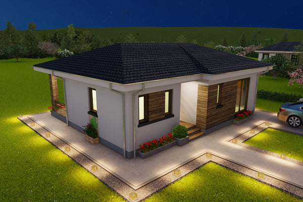 Imagine aeriana 3D de noapte constructie casa frumoasa zidarie cu detalii decorative exterioare