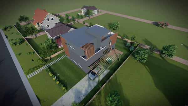 imagine aeriana proiect de casa cu acoperis plata si terase