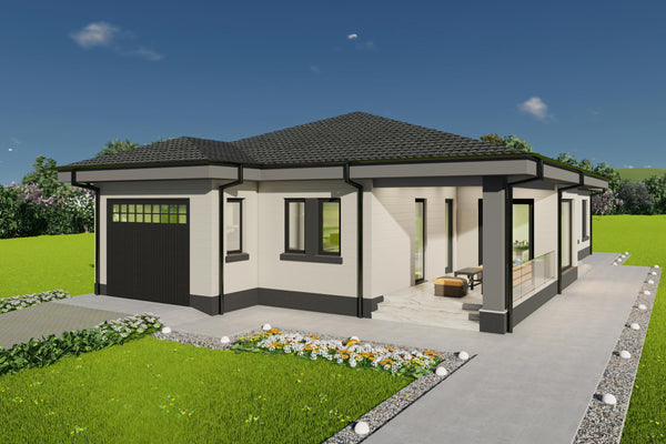 Imagine ansamblu proiect casa parter cu 3 dormitoare si garaj auto