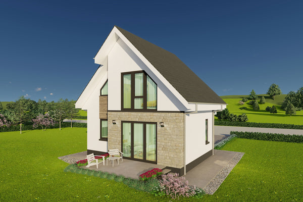 Imagine arhitecturala de colt pentru o casa cu mansarda 2 dormitoare cu arhitectura contemporana