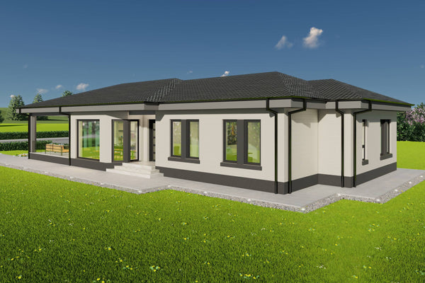 Imagine exterioara casa cu garaj lateral si spatii vitrate generoase