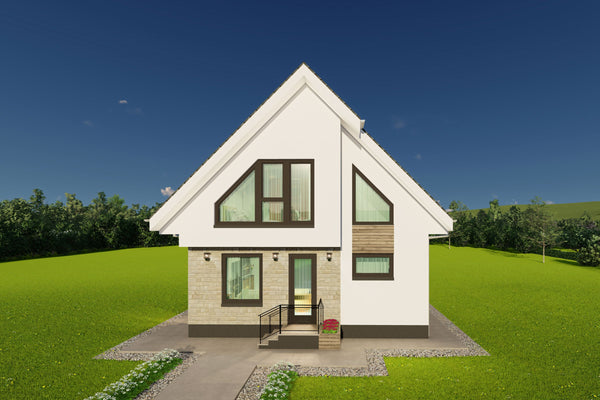 Imagine fotorealista cu fatada alba si placari din piatra la o casa cu mansarda 2 dormitoare