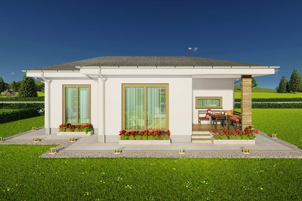 Imagine fotorealista proiect de casa frumoasa mica Wolf Construct cu acoperis din tigla metalica