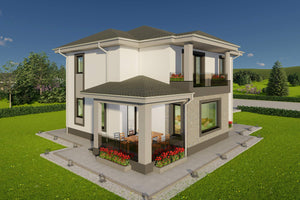 Imagine realista a proiectului de casa moderna cu detalii din piatra naturala thumbnail