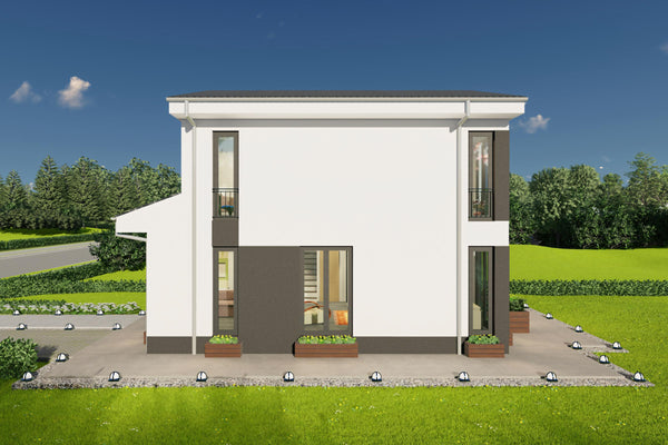 model casa 5 camere cu etaj – randare fatada laterala cu iluminare naturala abundenta