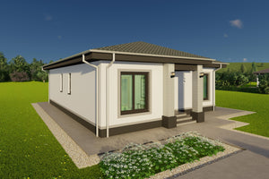 Model de casa frumoasa la sol cu soclu si tamplarie de culoare inchisa thumbnail