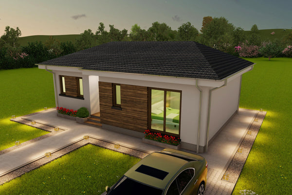 Model vizual 3D proiect de casa frumoasa compacta cu fatade de culoare alb si bej