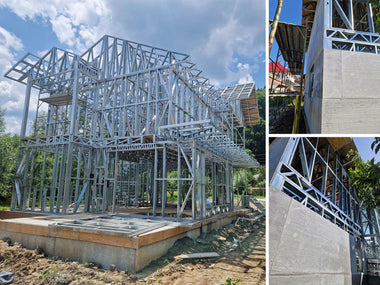 Montaj ferme acoperis si placari exterioare pe casa metalica cu doua nivele