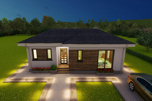 Perspectiva aeriana de seara proiect casa pe structura metalica cu amprenta de 90 mp thumbnail