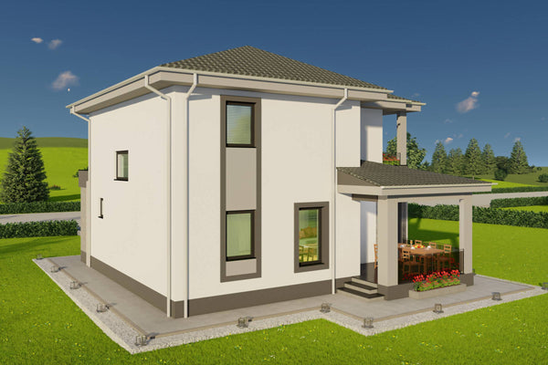 Perspectiva arhitecturala casa frumoasa cu etaj si terasa vedere din unghi lateral