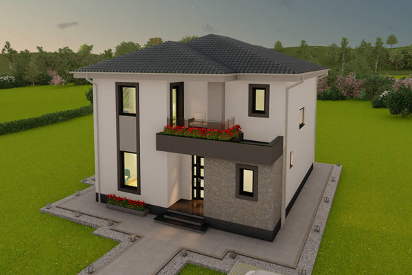Perspectiva de ansamblu proiect casa 200 mp cu tamplarie evidentiata