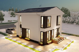 Perspectiva de colt casa pe structura metalica - Proiect casa 4 dormitoare 2 bai thumbnail