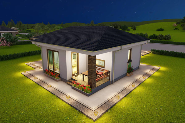 Perspectiva de colt pe noapte terasa acoperita constructie casa zidarie optimizata pentru o suprafata compacta