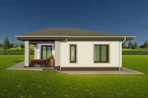 Perspectiva din curte pentru casa din caramida sau bca cu usi culisante mari catre terasa acoperita thumbnail