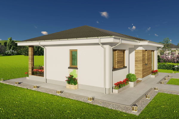 Perspectiva din unghi lateral stanga model de casa cocheta si mica cu terasa exterioara si insertii tip lemn