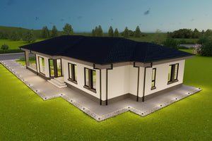 Perspectiva exterioara 3D casa parter cu 3 dormitoare si garaj integrat vedere lateral dreapta thumbnail