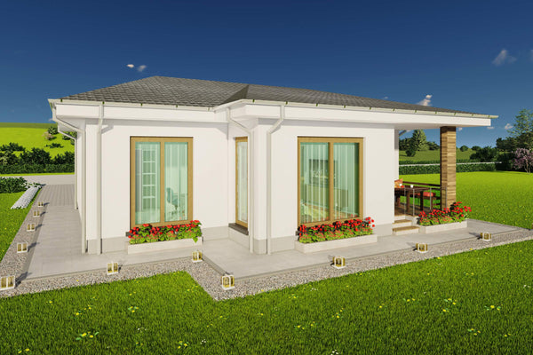 Perspectiva exterioara pentru modelul de locuinta compacta constructie casa zidarie