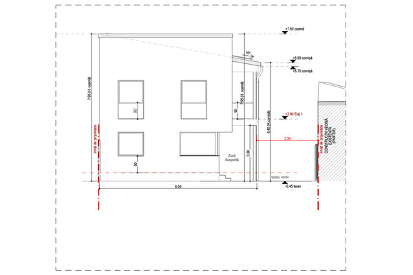 plan 2d casa pe structura metalica cu etaj vedere laterala