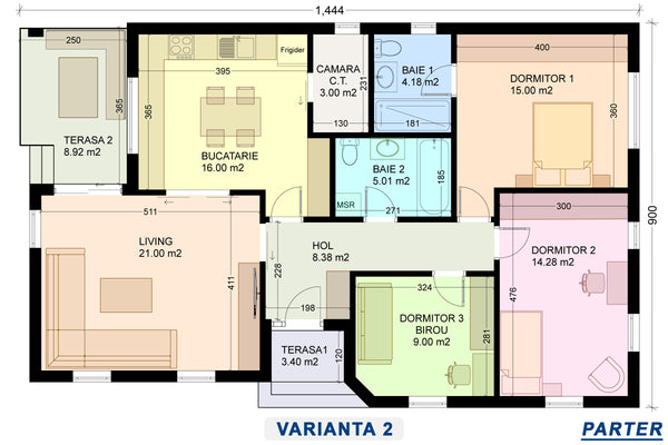 plan compartimentare clasica pentru locuinta prefabricata cu 3 dormitoare - varianta 2