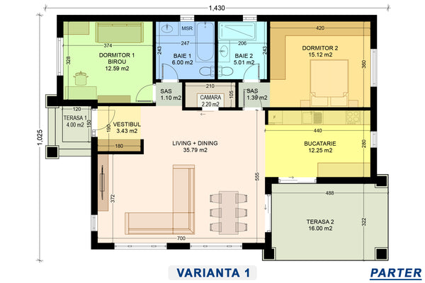 Plan compartimentare varianta open space pentru proiect casa din caramida 130 mp
