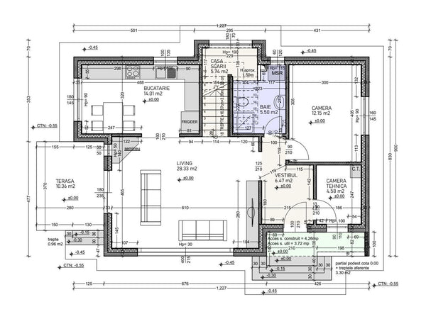 plan de arhitectura casa cu 2 nivele pe structura din fier - plan parter