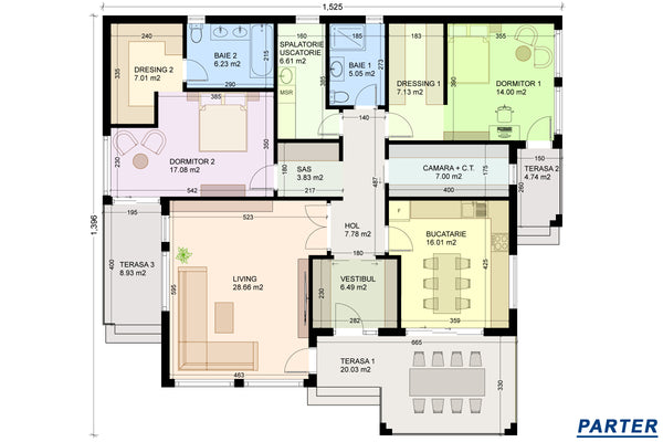 plan de compartimentare proiect casa parter 2 dormitoare