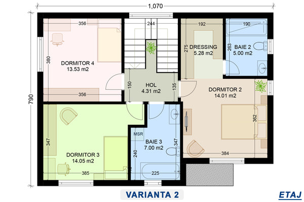 plan etaj alternativa 2 cu 3 dormitoare 2 grupuri sanitare locuinta P+1E