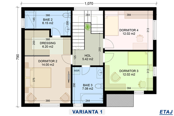 plan etaj versiunea 1 cu 3 dormitoare si 2 bai model de casa 80 mp per nivel