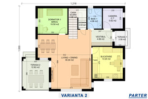 Plan parter Concept 2 proiect casa cu etaj bucatarie inchisa si birou thumbnail