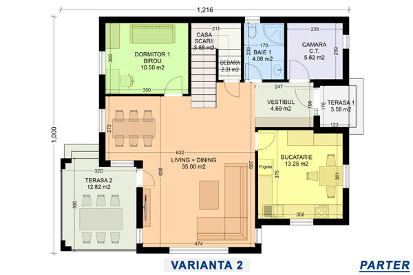 Plan parter Concept 2 proiect casa cu etaj bucatarie inchisa si birou