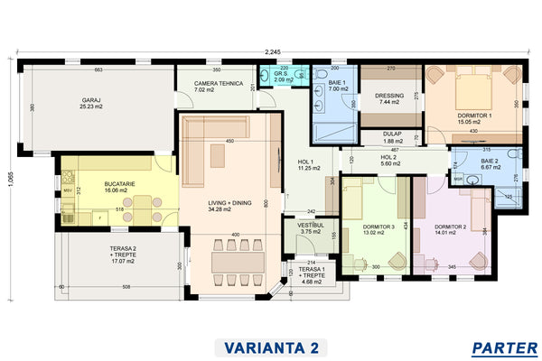 Plan parter detaliat proiect casa parter cu 3 dormitoare si garaj varianta 2