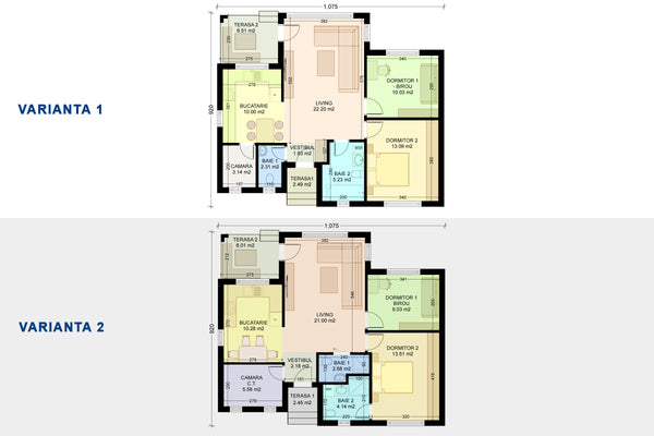 Plan parter in 2 variante constructie casa zidarie mica cu 3 camere si 2 bai