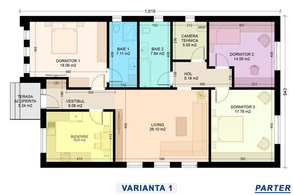 Plan partitionare constructie casa zidarie pe un singur nivel cu bucatarie inchisa