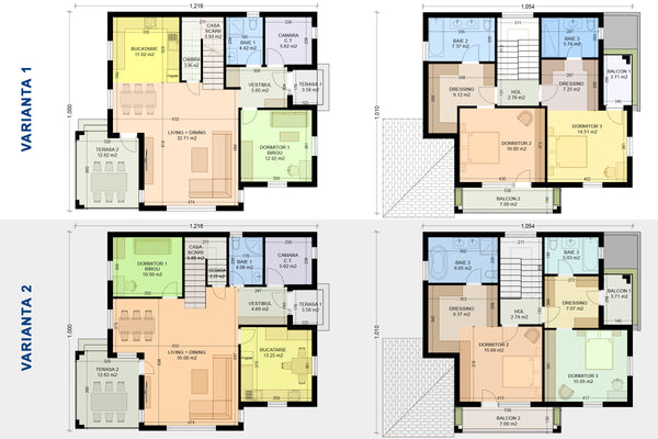 Plan tehnic comparativ varianta 1 vs varianta 2 etaj casa moderna cu etaj 3 dormitoare