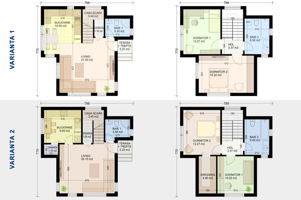 planuri proiect casa etajata 100 mp cu 2 variante de compartimentare