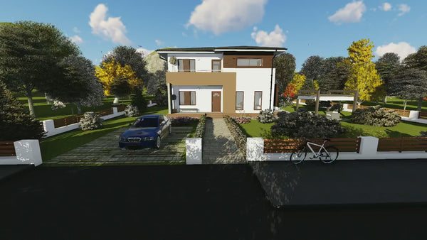 Proiect casa pe structura metalica cu etaj si terase 043 - fatada de casa moderna video