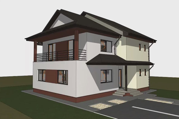 Proiect casa pe structura metalica cu etaj si balcoane 010 - model fatada video