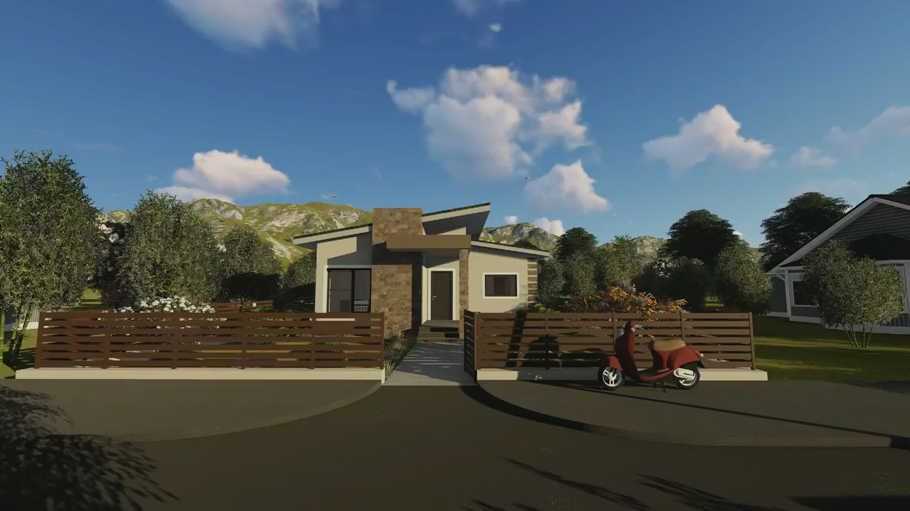 Proiect casa pe structura metalica parter 3 dormitoare 056 - fatada casa placata exterior video