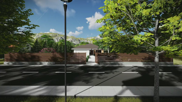 Proiect casa pe structura metalica fara etaj cu garaj 050 - fatada cu lemn imagine video