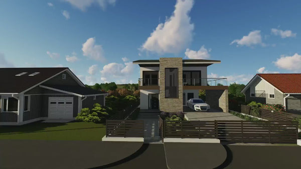 Proiect casa pe structura metalica moderna cu balcoane 052 - fatada de casa cu piatra video